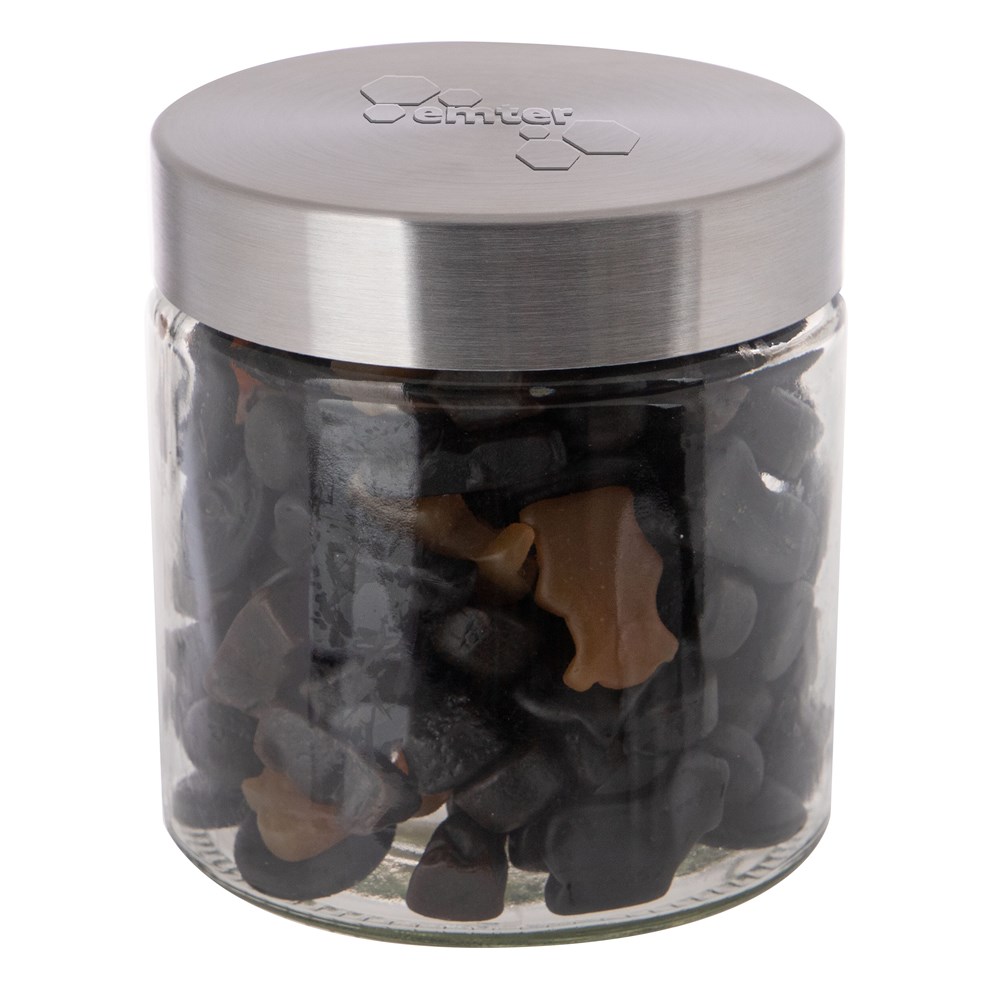 Glazen pot 0,9 liter met embossing, gevuld met snoep